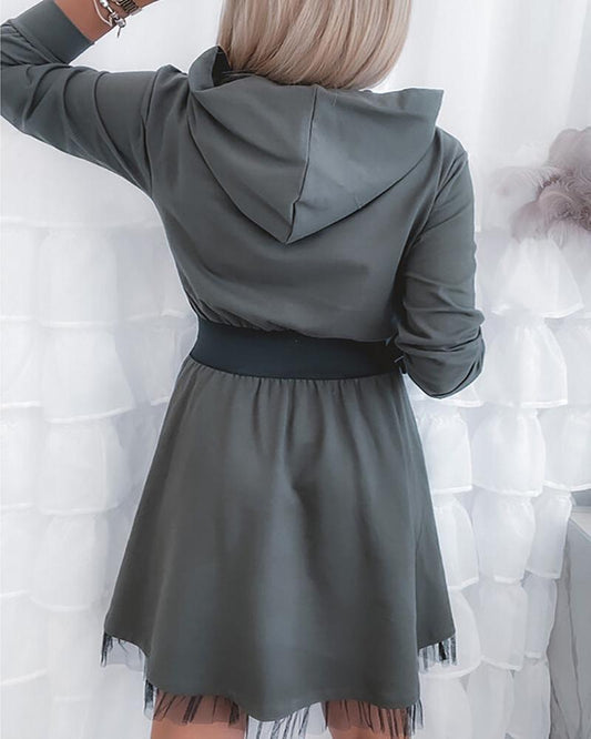 Lace Trim Long Sleeve Hooded Casual Dress