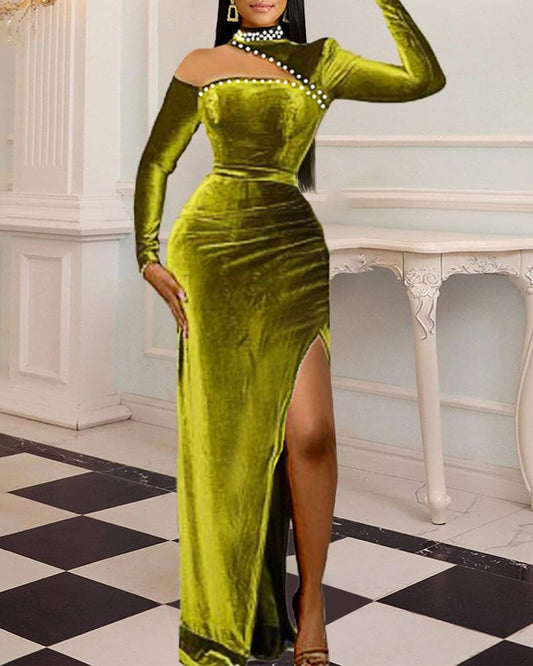 Cutout Velvet Beaded High Slit Evening Dress