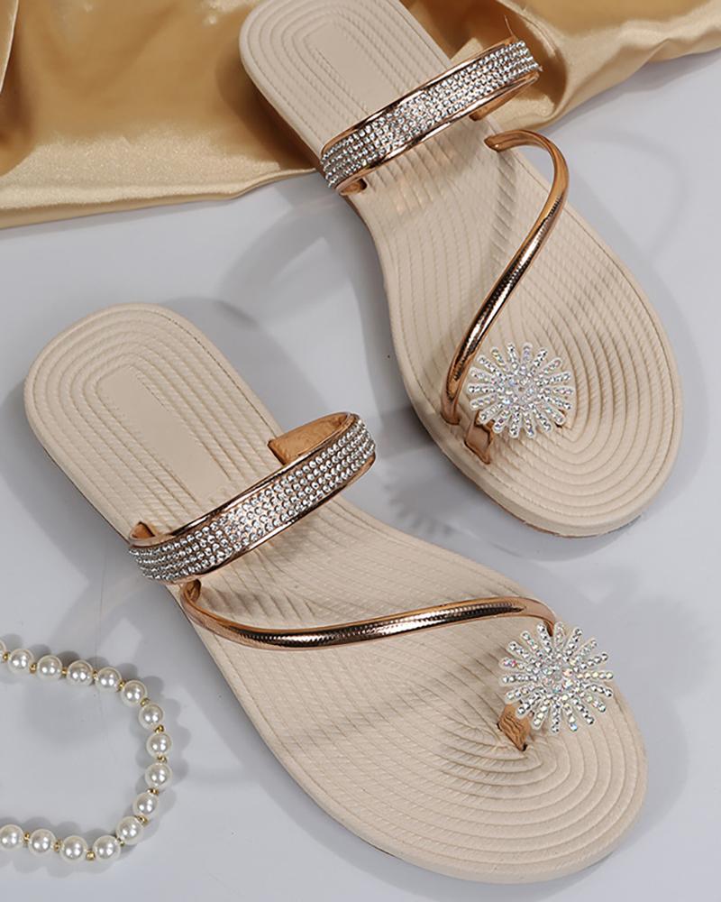 Rhinestone Floral Pattern Toe Ring Beach Flip Flops