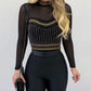 Rhinestone Decor Sheer Mesh Long Sleeve Top