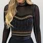 Rhinestone Decor Sheer Mesh Long Sleeve Top