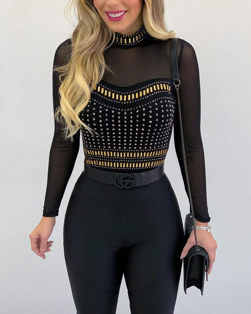 Rhinestone Decor Sheer Mesh Long Sleeve Top