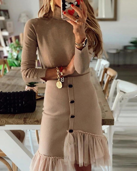 Button Design Ruffles Frill Hem Irregular Dress