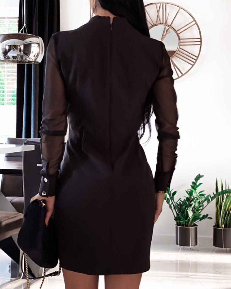 Sheer Mesh Button Design Long Sleeve Work Dress