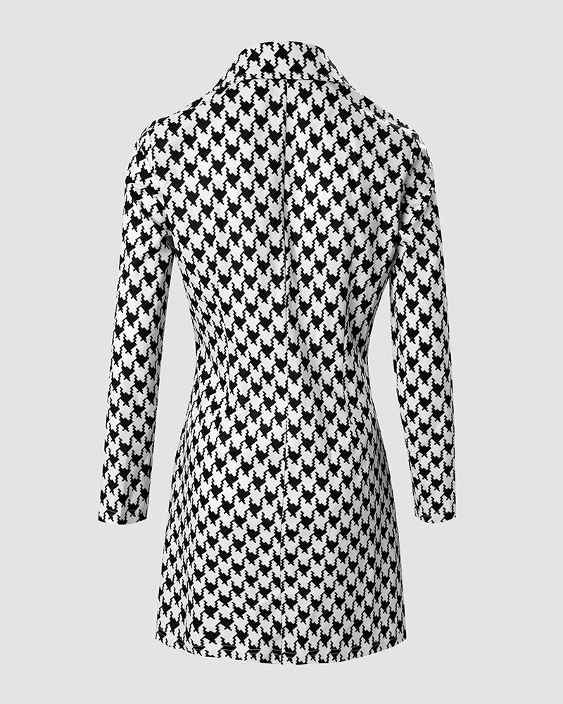 Houndstooth Print Thin Strap Bodycon Dress & Blazer Coat Set