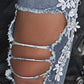 Contrast Lace Cutout Ripped Raw Hem Skinny Jeans