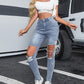 Contrast Lace Cutout Ripped Raw Hem Skinny Jeans