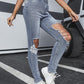 Contrast Lace Cutout Ripped Raw Hem Skinny Jeans