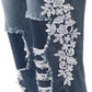 Contrast Lace Cutout Ripped Raw Hem Skinny Jeans