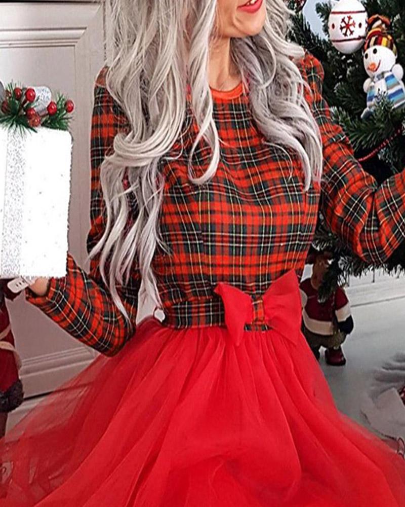 Christmas Plaid Print Bowknot Decor Mesh Long Sleeve Dress