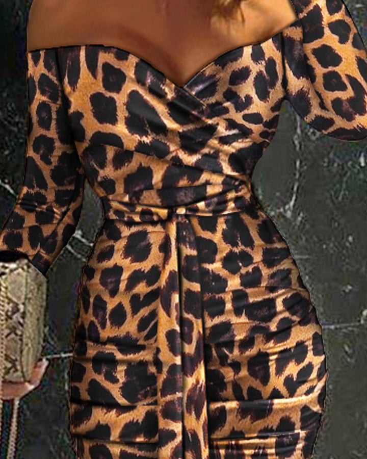 Leopard Print Off Shoulder Ruched Bodycon Dress