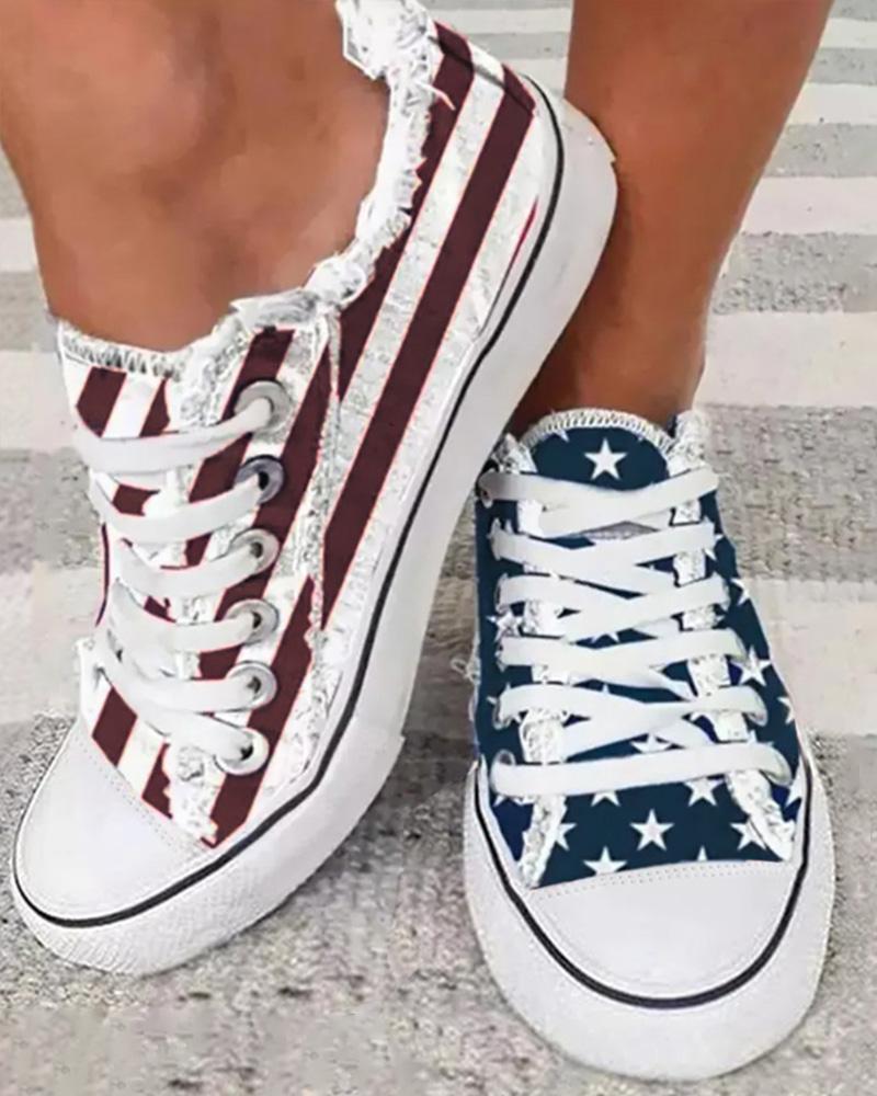 Flag Print Eyelet Lace up Fringe Hem Canvas Shoes