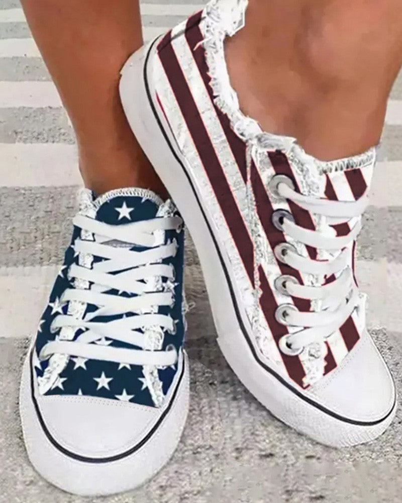 Flag Print Eyelet Lace up Fringe Hem Canvas Shoes