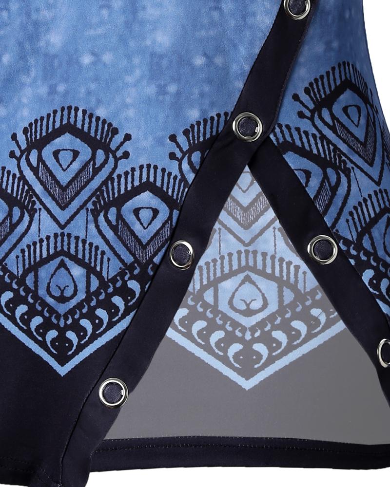 Tribal Print Zip Detail Cold Shoulder Top
