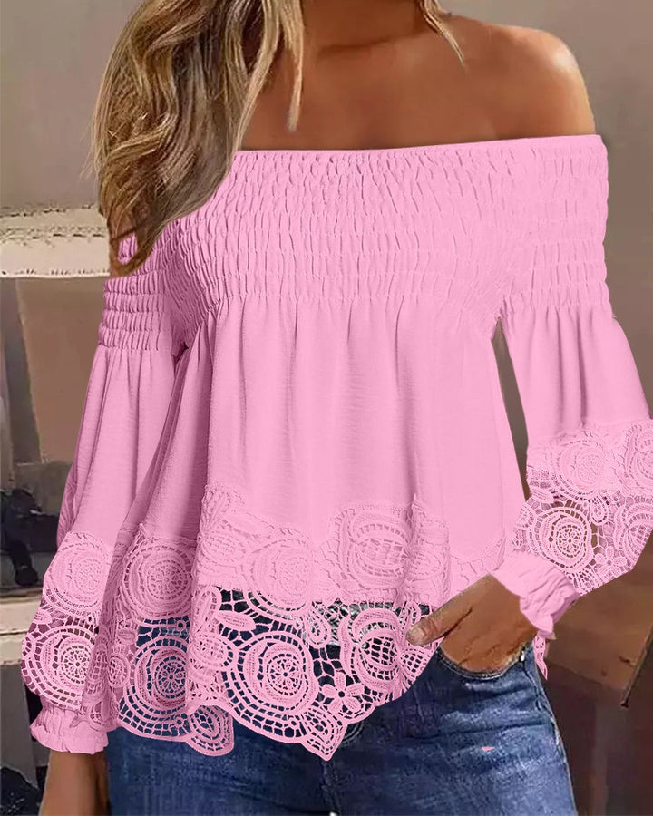 Off Shoulder Shirred Lace Patch Top