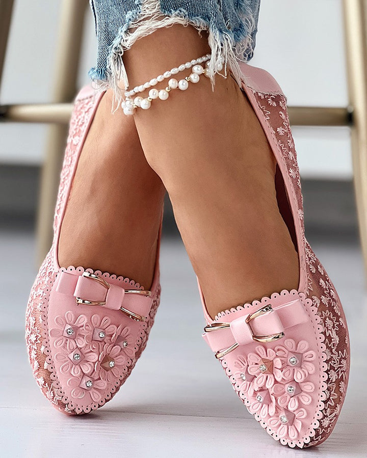 Floral Embroidery Bowknot Decor Work Loafers