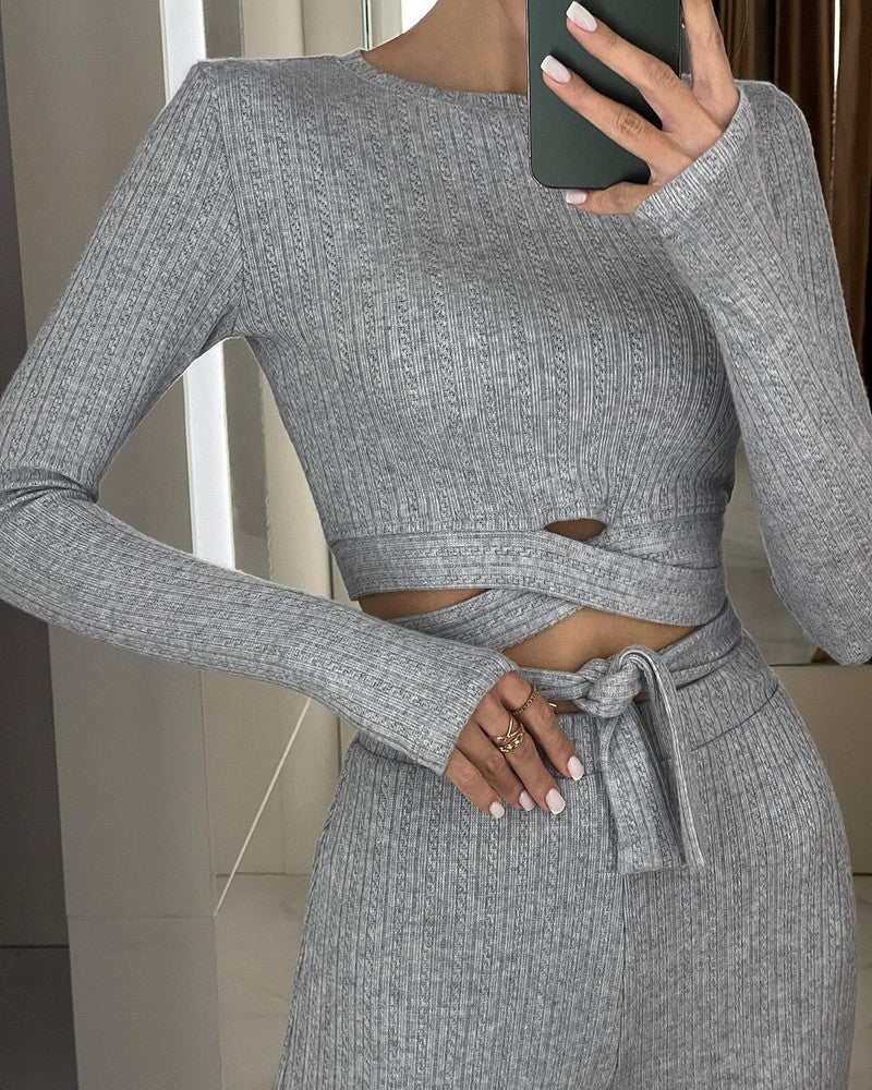 Tied Detail Ribbed Top & High Waist Pants Set