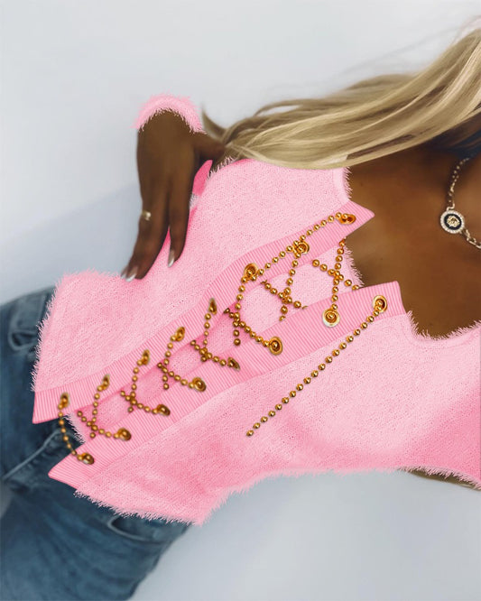 Eyelet Chain Lace up Asymmetrical Fuzzy Top