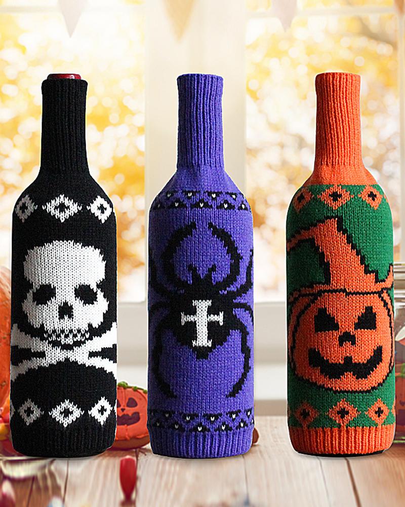 1pc Halloween Toxic Sign Skull Spider Pumpkin Head Knit Bottle Cover Party Winebottle Decoration