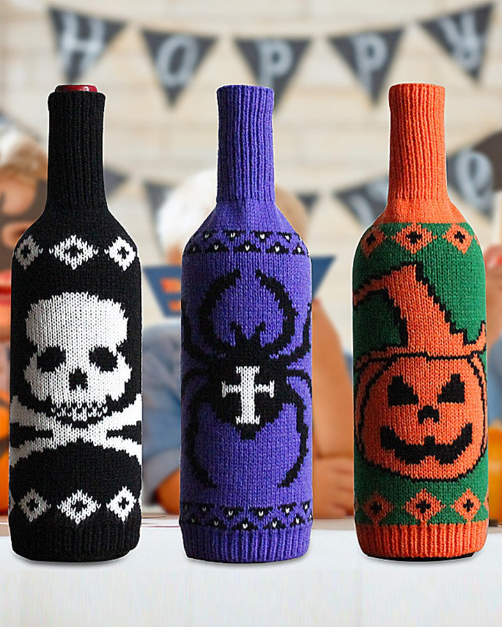 1pc Halloween Toxic Sign Skull Spider Pumpkin Head Knit Bottle Cover Party Winebottle Decoration