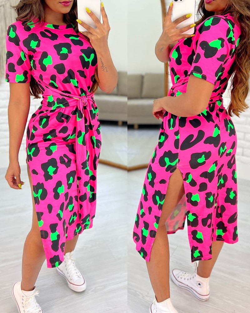 Pink Leopard Print Tied Detail Slit Casual Dress