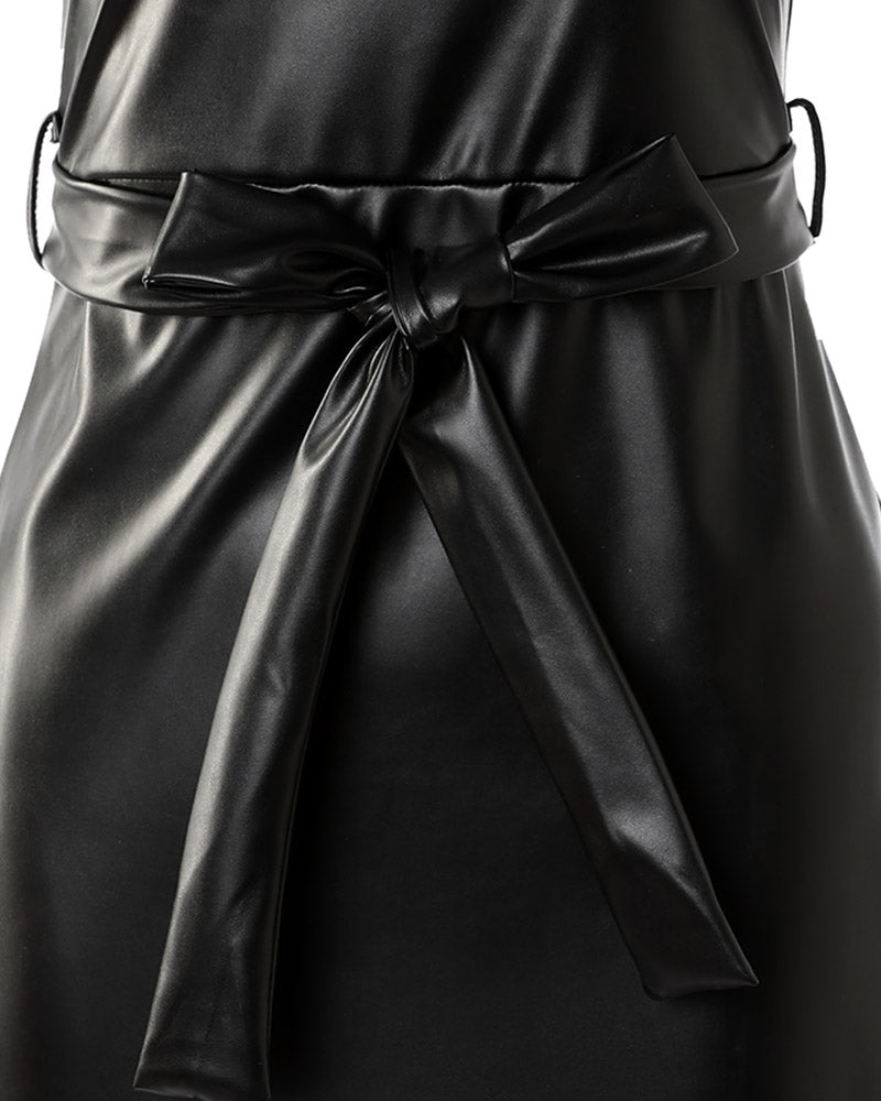 Buttoned Split Hem PU Leather Bodycon Dress