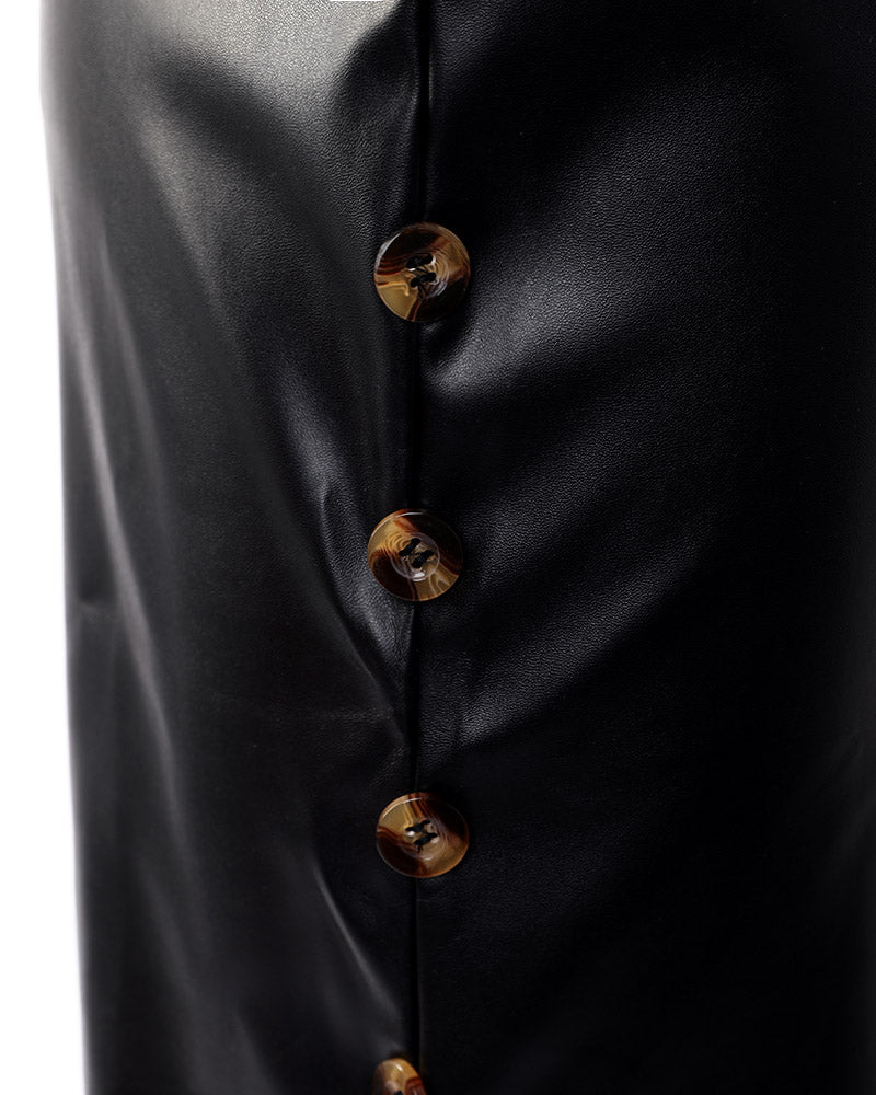 Buttoned Split Hem PU Leather Bodycon Dress