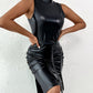 Buttoned Split Hem PU Leather Bodycon Dress