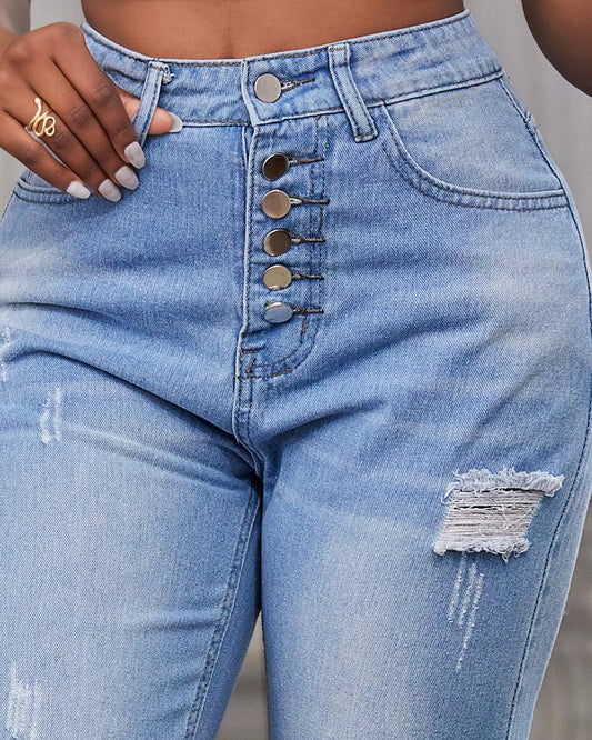 Button Fly Ripped Low Waist Jeans