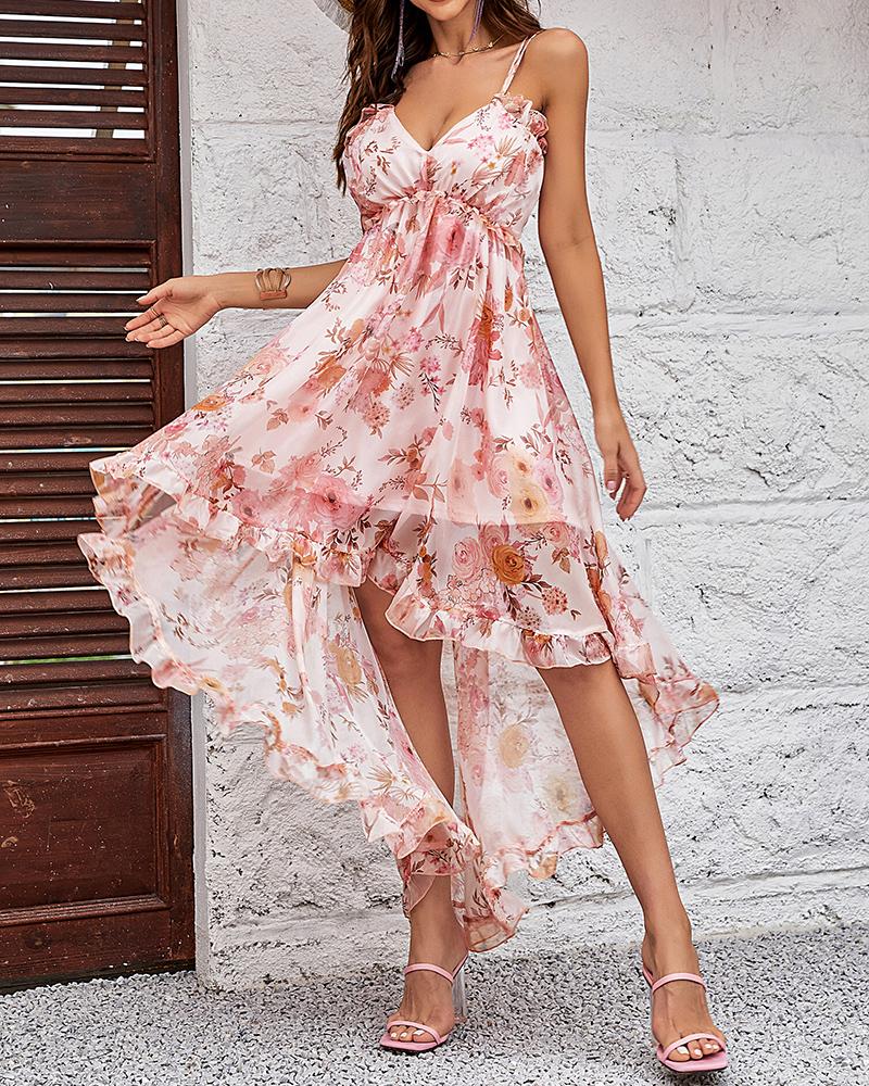 Frill Hem Ruffles Floral Print Asymmetrical Dress
