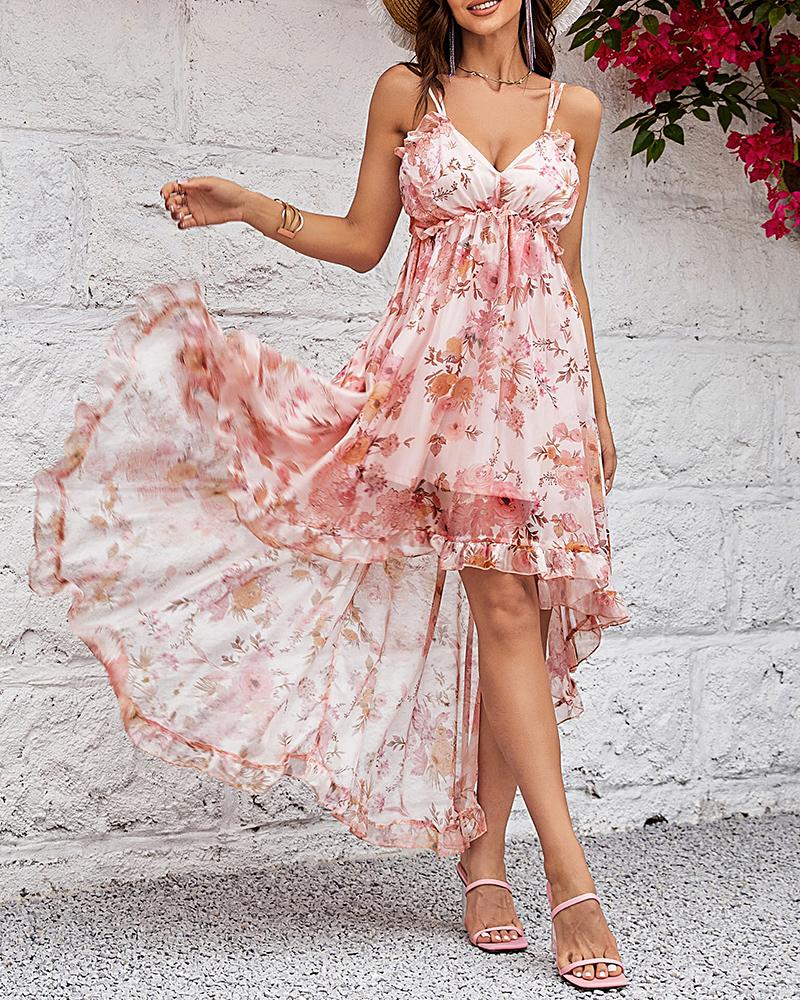 Frill Hem Ruffles Floral Print Asymmetrical Dress