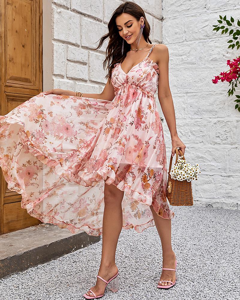 Frill Hem Ruffles Floral Print Asymmetrical Dress