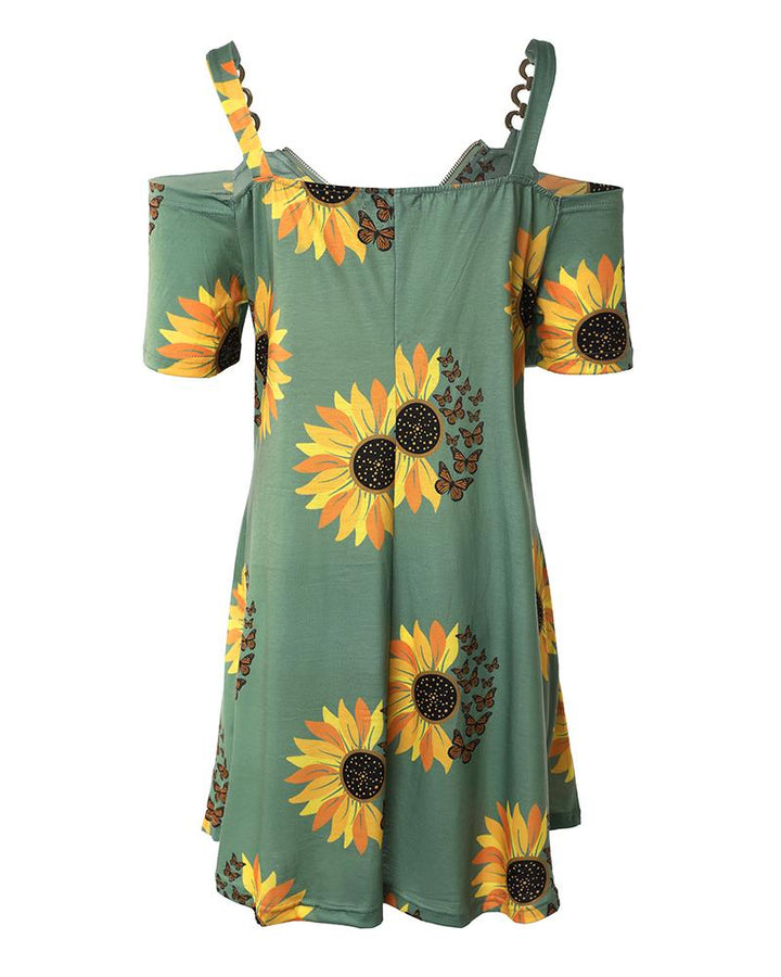Sunflower Butterfly Print Cold Shoulder Swing Dress