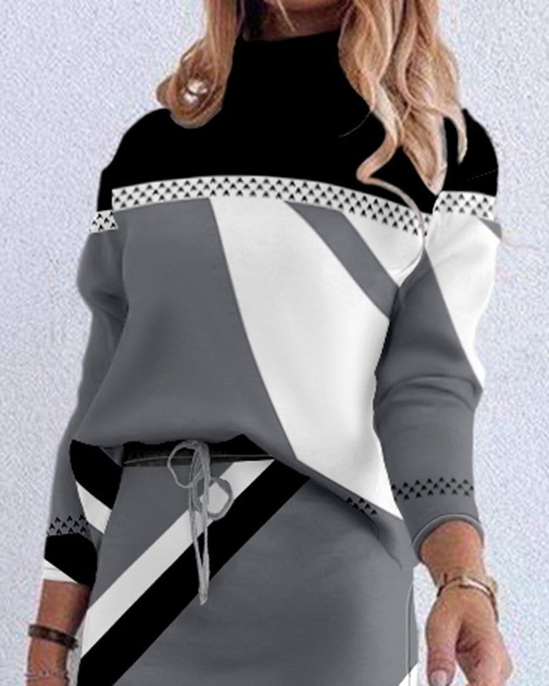 Geometric Print Mock Neck Sweatshirt & Drawstring Skirt Set