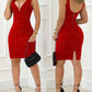 Zipper Back Slit Plunge Glitter Party Dress