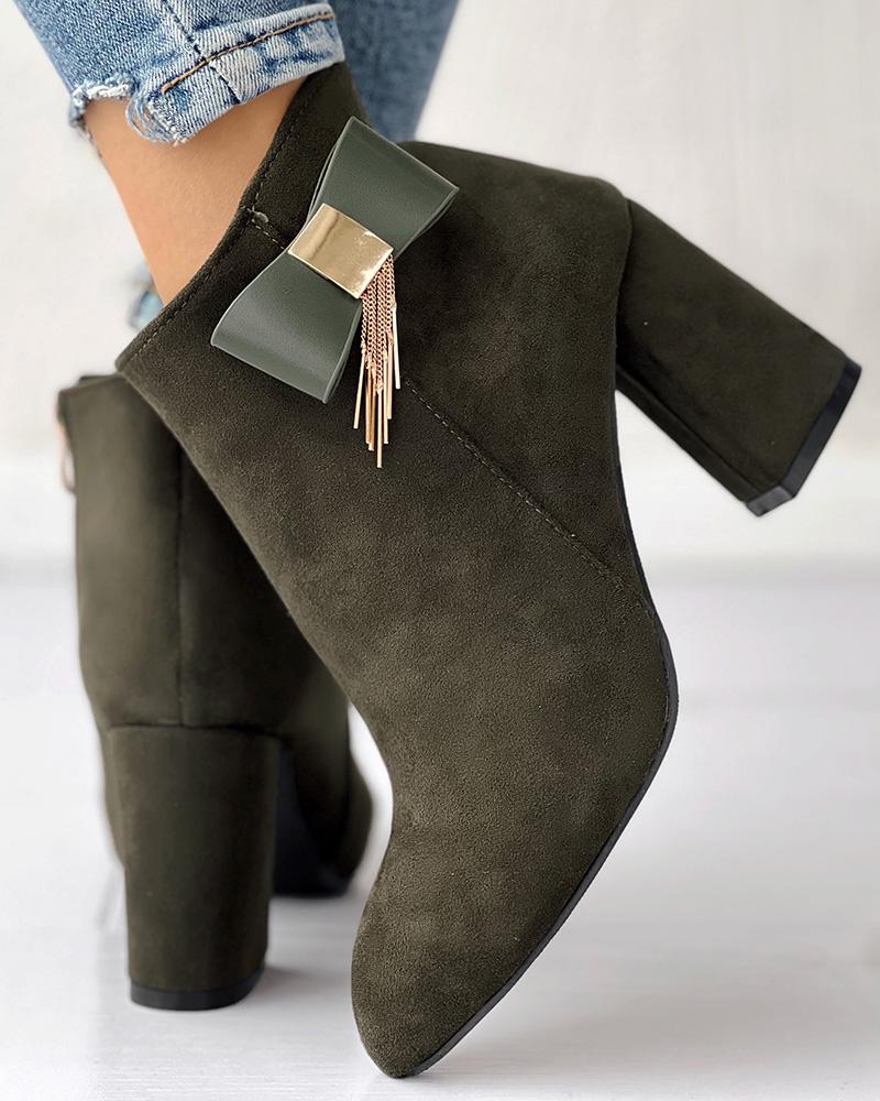 Suede Bowknot Chain Tassel Decor Chunky Boots