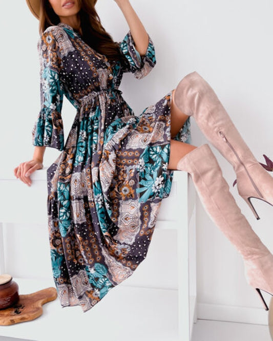 Bell Sleeve Drawstring Scarf Tribal Print Dress