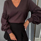 V Neck Lantern Sleeve Ruched Top