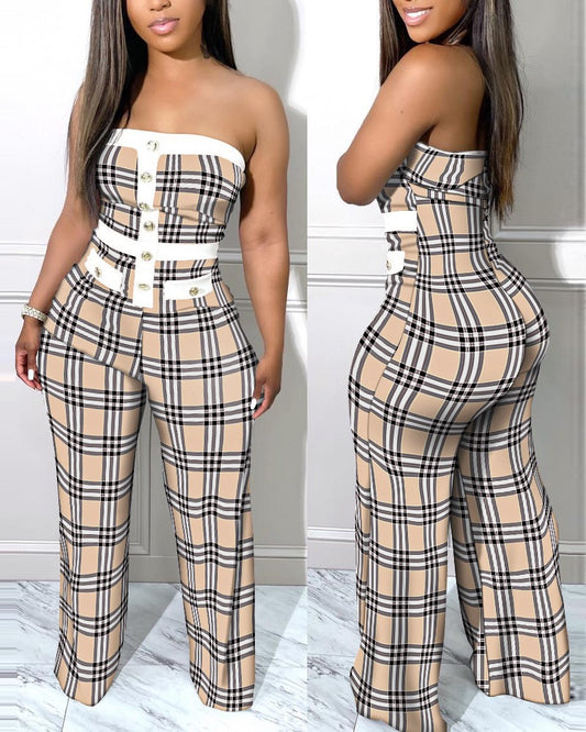 Plaid Print Button Decor Tube Jumpsuit