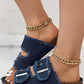 Buckled Fringe Hem Double Strap Denim Slippers
