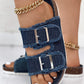 Buckled Fringe Hem Double Strap Denim Slippers