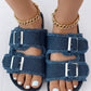 Buckled Fringe Hem Double Strap Denim Slippers