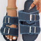 Buckled Fringe Hem Double Strap Denim Slippers