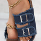 Buckled Fringe Hem Double Strap Denim Slippers