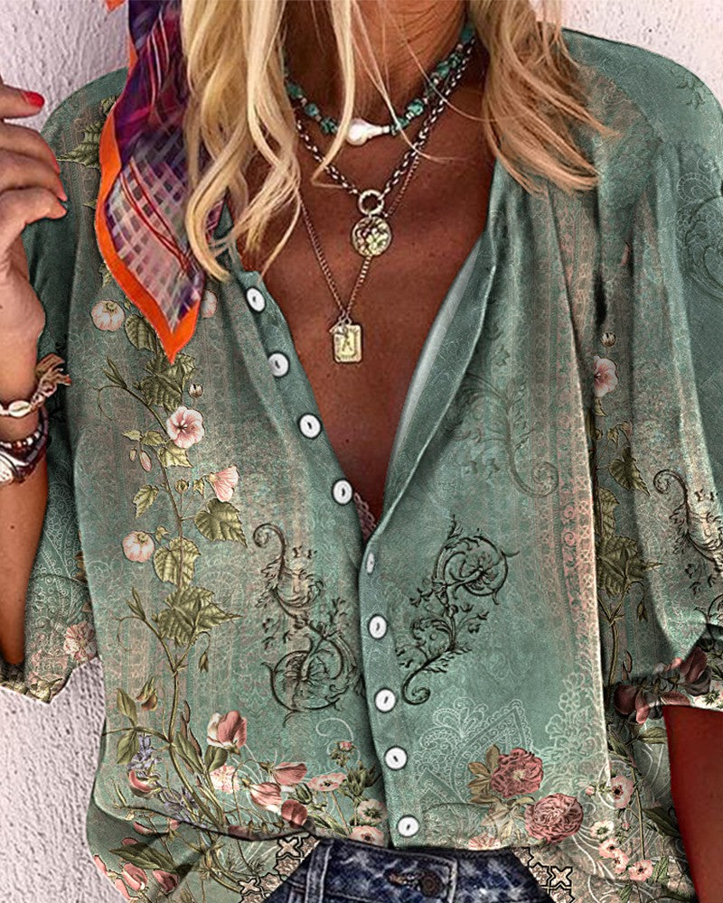 Floral Tribal Print Buttoned Lantern Sleeve Top