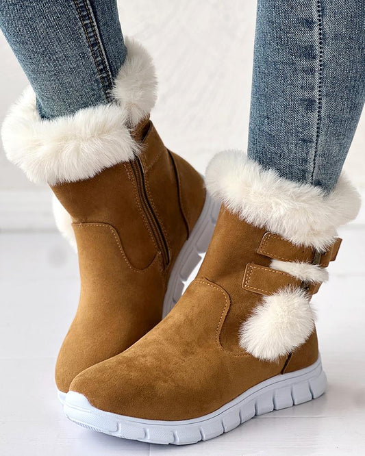 Fuzzy Detail Lined Buckled Ankle Boots
