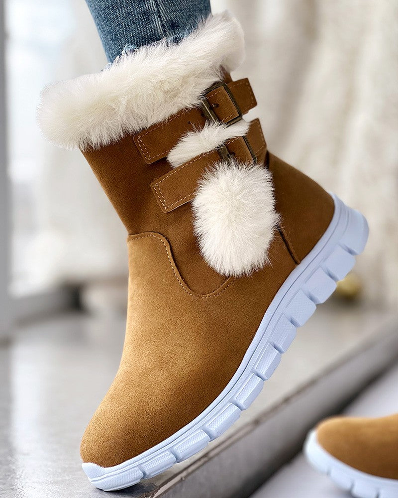 Fuzzy Detail Lined Buckled Ankle Boots