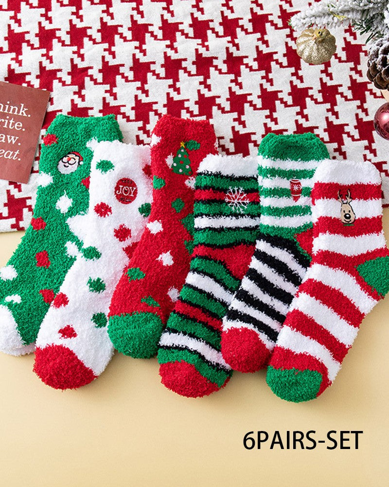 6Pairs Christmas Cartoon Graphic Fuzzy Thermal Socks Set