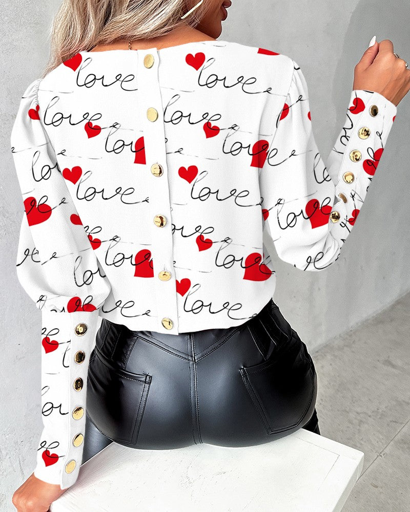 Colorblock Heart Love Print Buttoned Top