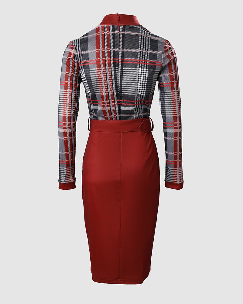 Plaid Print Long Sleeve Belted Work Dress